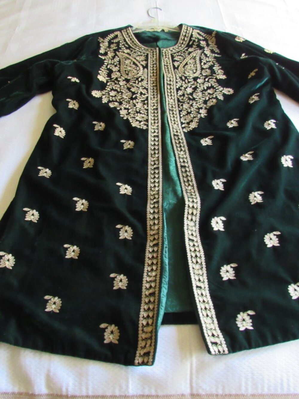 Soft Surroundings Emerald Green Velvet Gold Embroidered Duster XL Evening Coat